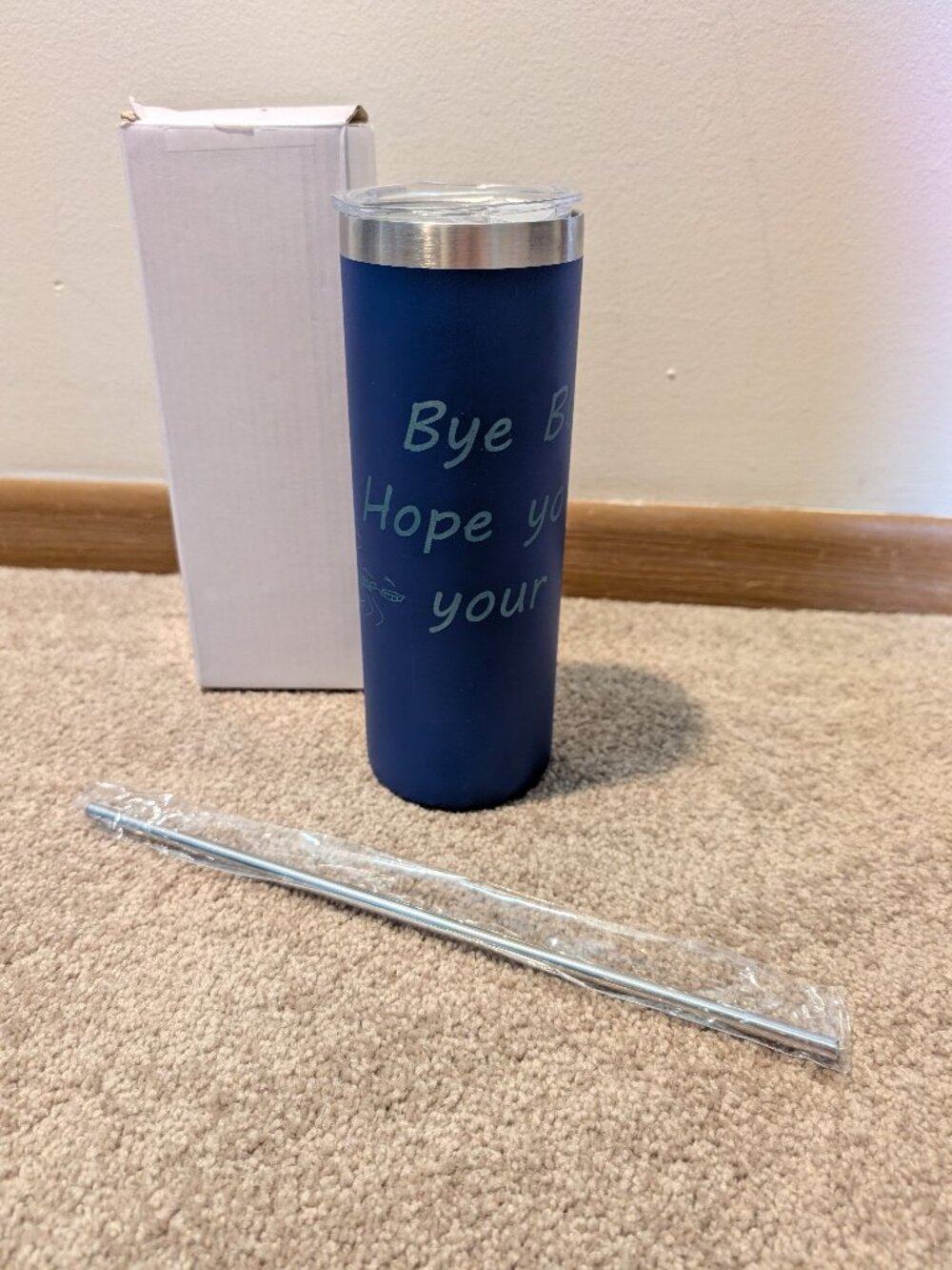 NWB 8 inch tall travel mug with metal straw blue with narwhal